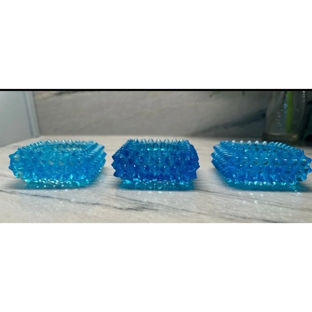 Vintage Fenton‎ Hobnail 3 Square Aqua Blue Glass Salt Cellars Candle Holders 3